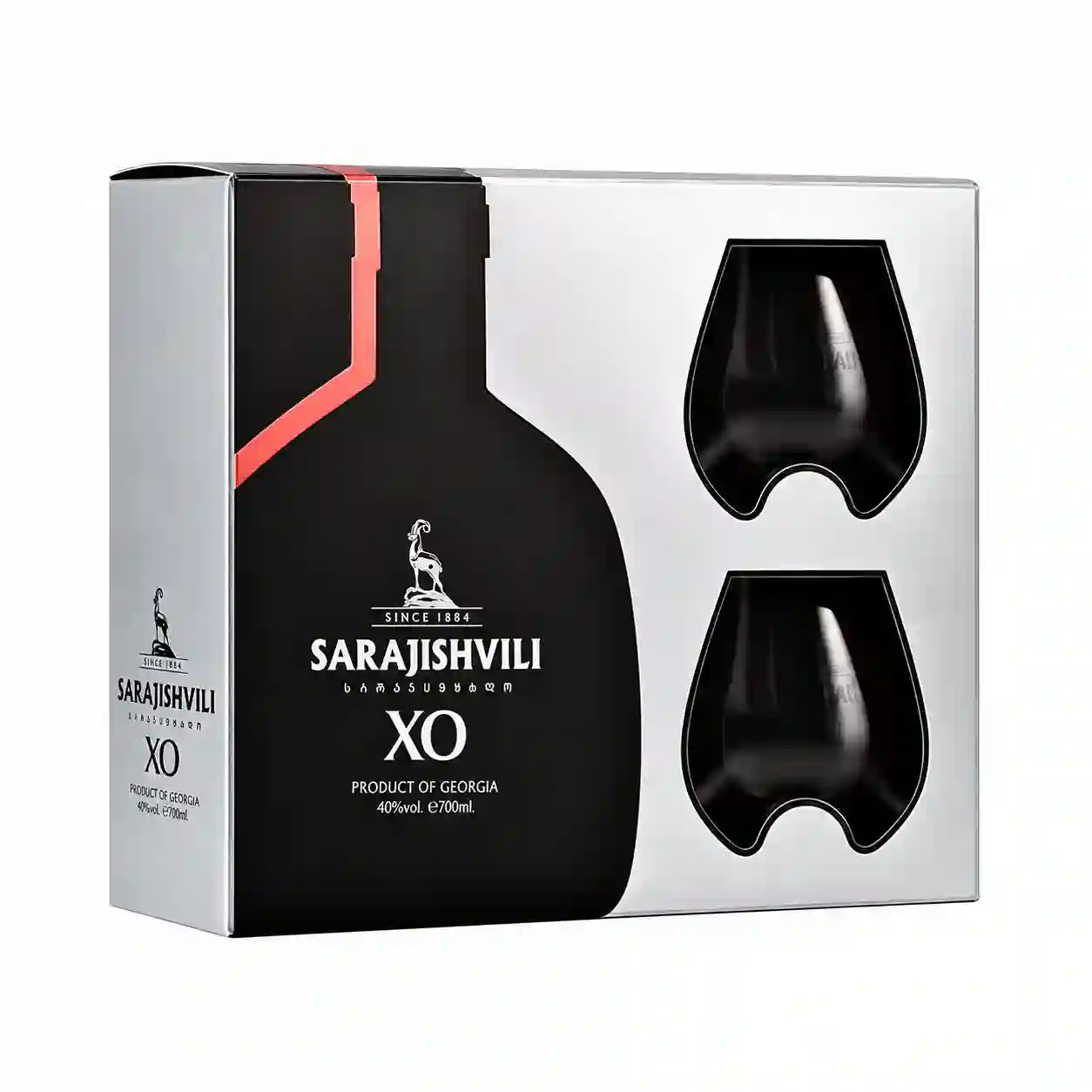 Sarajishvili XO se 2x skleníčkami - dárkové balení - 0,7 l Sarajishvili XO je vrcholem klasické řady nejslavnějšího gruzínského koňakového domu. Směs 15 vinných destilátů ze sbírky Davida Sarajishviliho s průměrným stářím 14–18 let, obohacená o destiláty staré až 30 let. Sytě jantarová barva, tóny dubu, vanilky a čokolády a sametově jemná, dlouhá chuť. V dárkové krabici se dvěma skleničkami. Sarajishvili XO se 2x skleníčkami - dárkové balení - 0,7 l