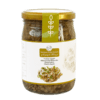 Gruzínské nakládané květy klokoče v průhledné sklenici s etiketou a zlatým víčkem, produkt z Gruzie