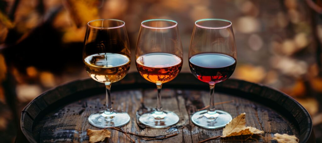 Gruzínské víno v trzech sklenicích na vinném sudu, ukázka bílé, růžové a červené odrůdy z Gruzie