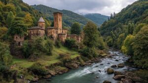 Region Kindzmarauli Starobylý kamenný hrad obklopený zelenými stromy a kopci vedle divoké řeky pod zamračenou oblohou v horské krajině