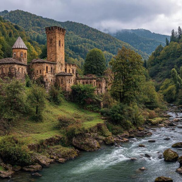 Region Kindzmarauli Starobylý kamenný hrad obklopený zelenými stromy a kopci vedle divoké řeky pod zamračenou oblohou v horské krajině
