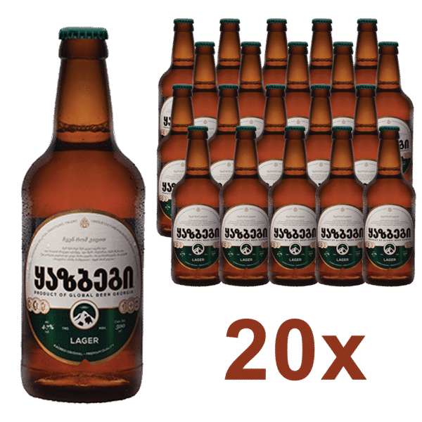 Jedna lahev piva značky Kazbegi Lager vedle skupiny dvaceti stejných lahví piva a čísla 20 označující množství.