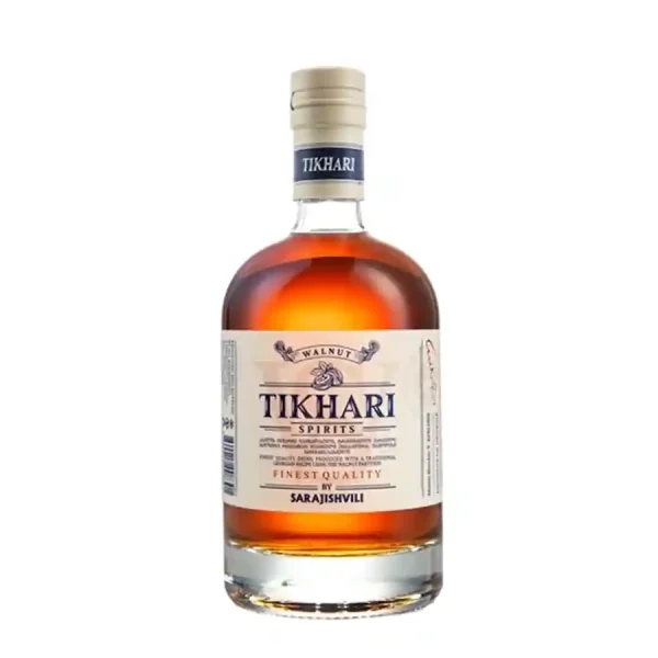 Gruzínská ořechová brandy Sarajishvili Tikhari z vlašských ořechů, tradiční alkoholický produkt z Gruzie pro milovníky kvalitních destilátů