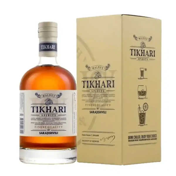 Gruzínský likér Tikhari s příchutí vlašského ořechu v lahvi s krabičkou, produkt z Gruzie pro vyznavače delikates