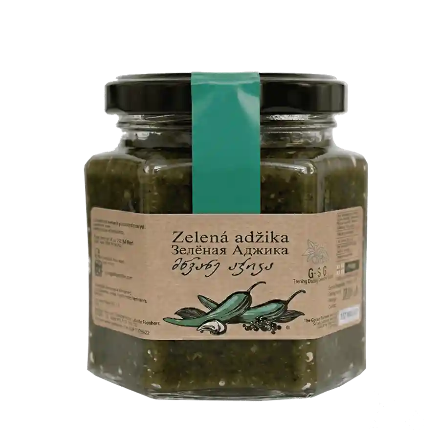 Adžika zelená - 200 g. Zelená adžika je tajnou zbraní každého gurmána. Rozmíchejte ji v troše olivového oleje a získáte dokonalou marinádu na kuřecí nebo vepřové maso. Výborně si rozumí také s pečenou zeleninou nebo bramborami. Gruzínská zelená adžika ze zelené papriky GSG