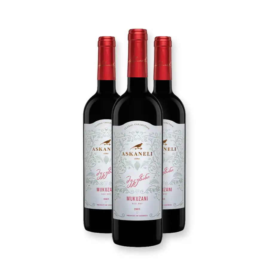 3x Askaneli MUKUZANI red dry wine Three bottles of the protected Mukuzani appellation — the ideal introduction to oak-aged Georgian Saperavi. A perfect format for a first encounter with this legendary wine's complexity and depth. 3x Askaneli MUKUZANI red dry wine