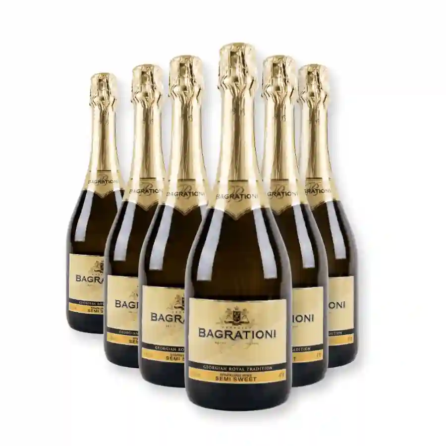 6x Bagrationi Classic white semi-sweet sparkling wine Six bottles of semi-sweet sparkling wine Bagrationi Classic, a Georgian brand with a tradition dating back to 1882. Fine bubbles, a fresh fruity taste and a festive character make this sparkling wine a reliable companion for celebrations. The ideal stock for a whole season of parties and family events. 6x Bagrationi Classic white semi-sweet sparkling wine