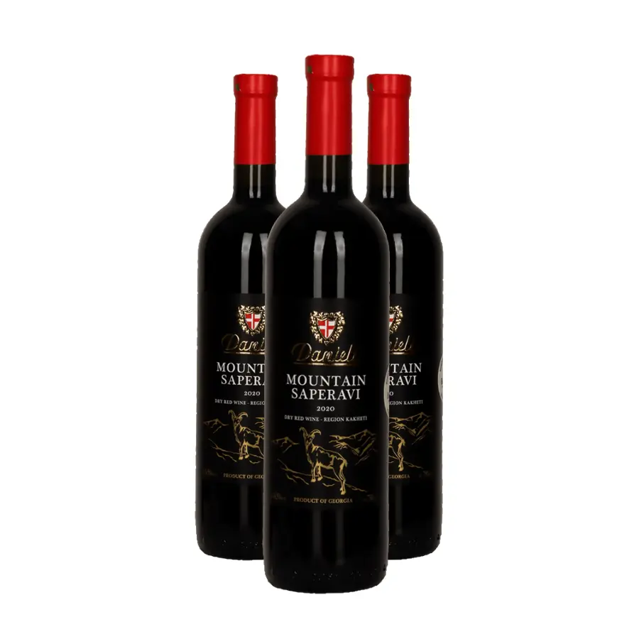 3x Danieli Winery MOUNTAIN SAPERAVI red dry wine Three bottles of Mountain Saperavi from the exceptional mountain vineyards of Danieli Winery in Argokhi — the ideal format for getting to know the character of high-altitude wine. A vibrant red colour, intense fruity aroma of cherries and blueberries, and a full velvety flavour with soft tannins. 3x Danieli Winery MOUNTAIN SAPERAVI red dry wine