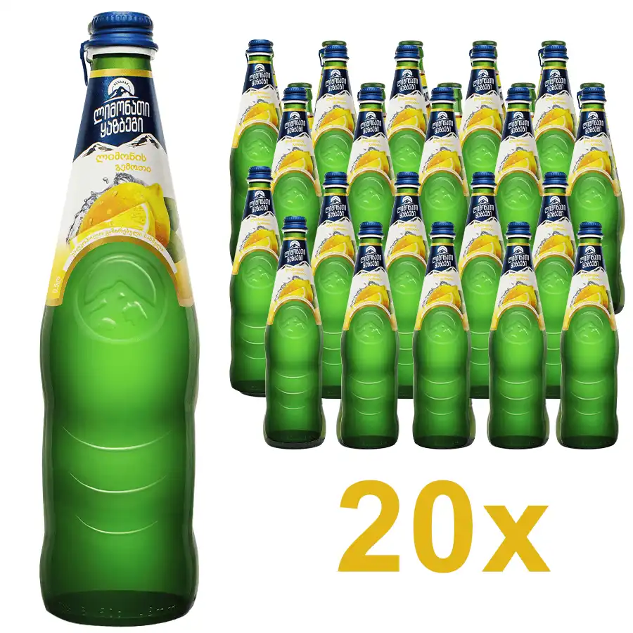 Kazbegi Citronová limonáda - 20x0,5 l (celé balení) Tradiční gruzínská citronová sycená limonáda Kazbegi s citronovou příchutí. Oblíbený, sladší nealkoholický nápoj, který nabízí klasické osvěžení a skvěle doplní jakékoliv jídlo. Ideální podávat dobře vychlazené. Kazbegi Citronová limonáda celé balení 20x lahví velkoobchodní prodej