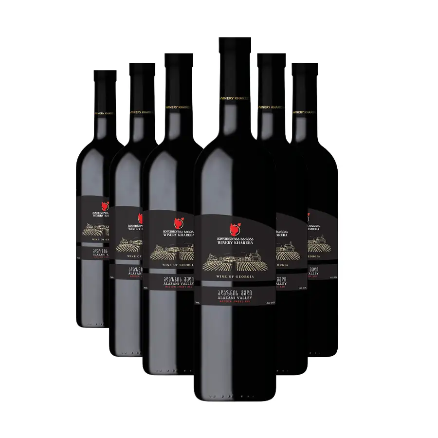6x Khareba Alazani Valley wine red semi-sweet Six bottles of Alazani Valley semi-sweet red wine from Khareba — made from 100% Saperavi grapes, one of Georgia's finest red varieties. Deep colour, full body, and a harmonious profile with a strong varietal bouquet. 6x Khareba Alazani Valley wine red semi-sweet