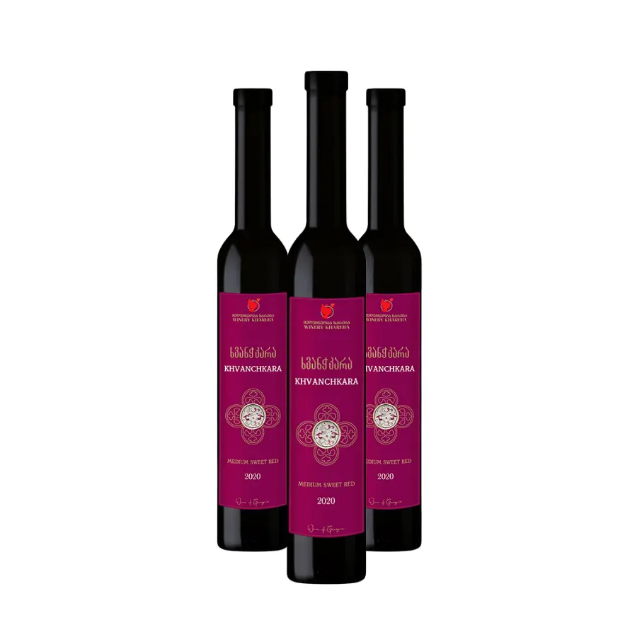 3x Khareba Khvanchkara red semi-sweet wine Three bottles of legendary Khvanchkara by Khareba — the ideal format for getting to know one of the most famous Georgian wines. A fascinating ruby colour and a harmonious fruity flavour with characteristic varietal aromas. 3x Khareba Khvanchkara red semi-sweet wine