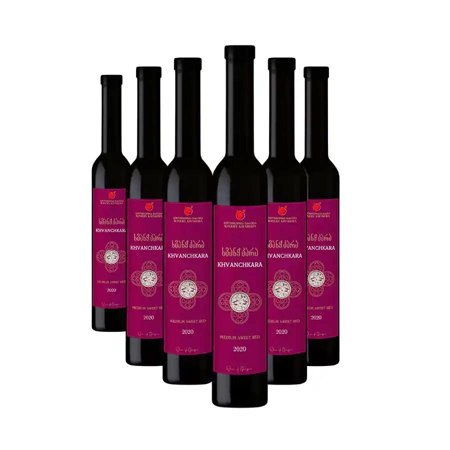6x Khareba Khvanchkara red semi-sweet wine Six bottles of Khvanchkara by Khareba — a naturally medium-sweet red wine of top quality, carefully crafted in a renowned region of origin from Aleksandrouli and Mujuretuli grapes, grown exclusively in the Racha region. A fascinating ruby colour invites you to explore its rich, harmonious flavour, with fruity notes dancing on the palate and characteristic varietal aromas. 6x Khareba Khvanchkara red semi-sweet wine