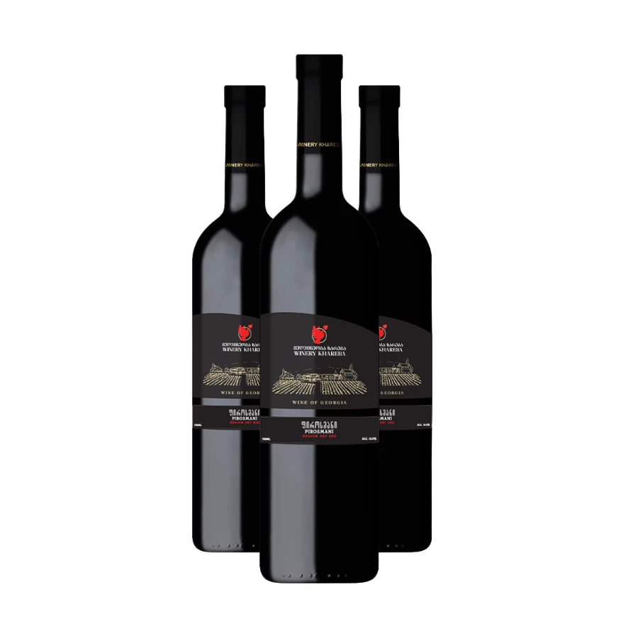 3x Khareba Pirosmani red semi-dry wine Three bottles of classic Pirosmani by Khareba — the ideal format for getting to know the balanced semi-dry style of eastern Georgia. A harmony of dark berries with a full body and gentle piquancy. 3x Khareba Pirosmani red semi-dry wine
