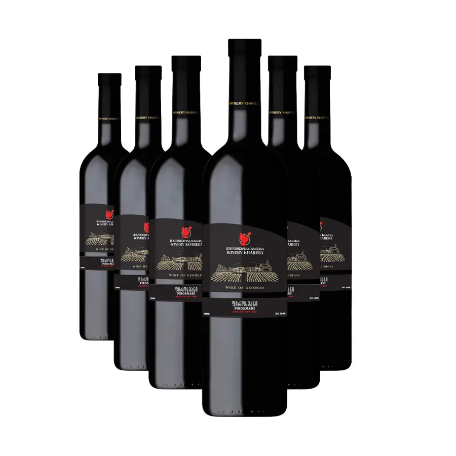 6x Khareba Pirosmani red semi-dry wine Six bottles of Pirosmani by Khareba — a classic semi-dry red wine made from fully ripe Saperavi grapes from eastern Georgia. An intense ruby colour with violet hues, an aroma of ripe dark berries and elderberry. 6x Khareba Pirosmani red semi-dry wine