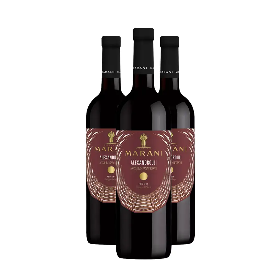 3x Marani ALEXANDROULI red semi-sweet wine Three bottles of Alexandrouli – a rare single-varietal wine from Racha, otherwise known as a component of the famous Khvanchkara, in a smaller format for a first introduction. 3x Marani ALEXANDROULI red semi-sweet wine