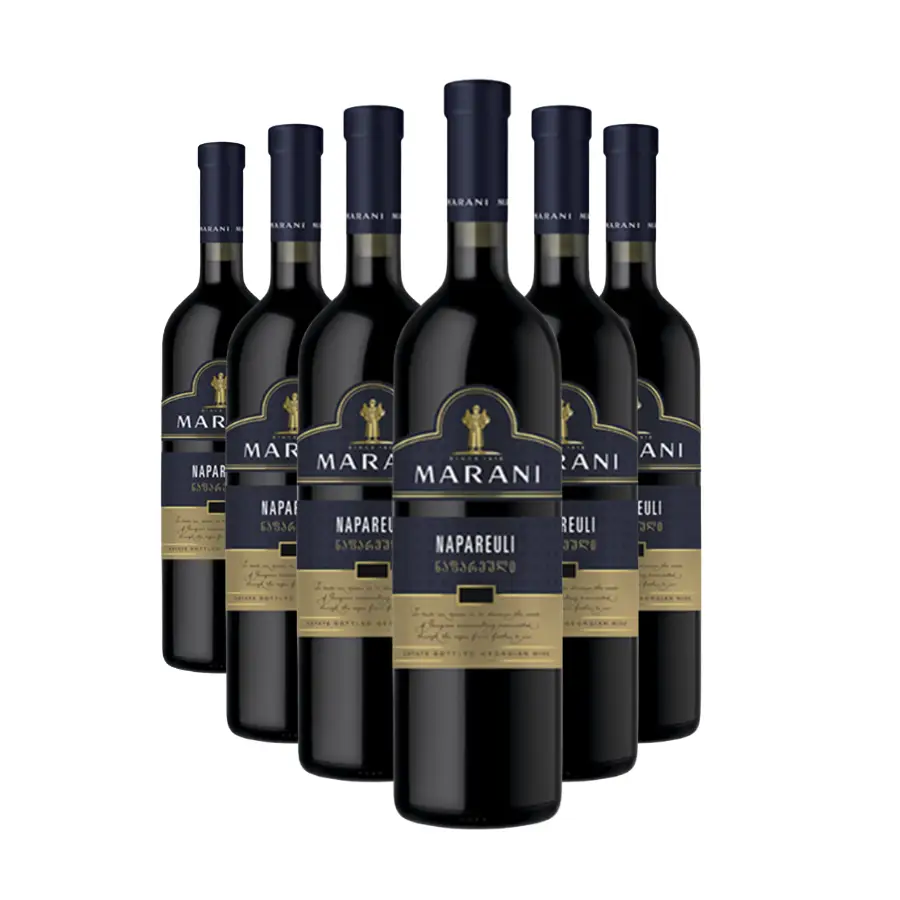 6x Marani NAPAREULI - dry red wine Six bottles of dry red wine Napareuli made from 100% Saperavi grapes grown in the eponymous micro-zone of Kakheti. Twelve months of oak ageing gives the wine a full structure and complex flavour with notes of liquorice and tobacco. 6x Marani NAPAREULI - dry red wine