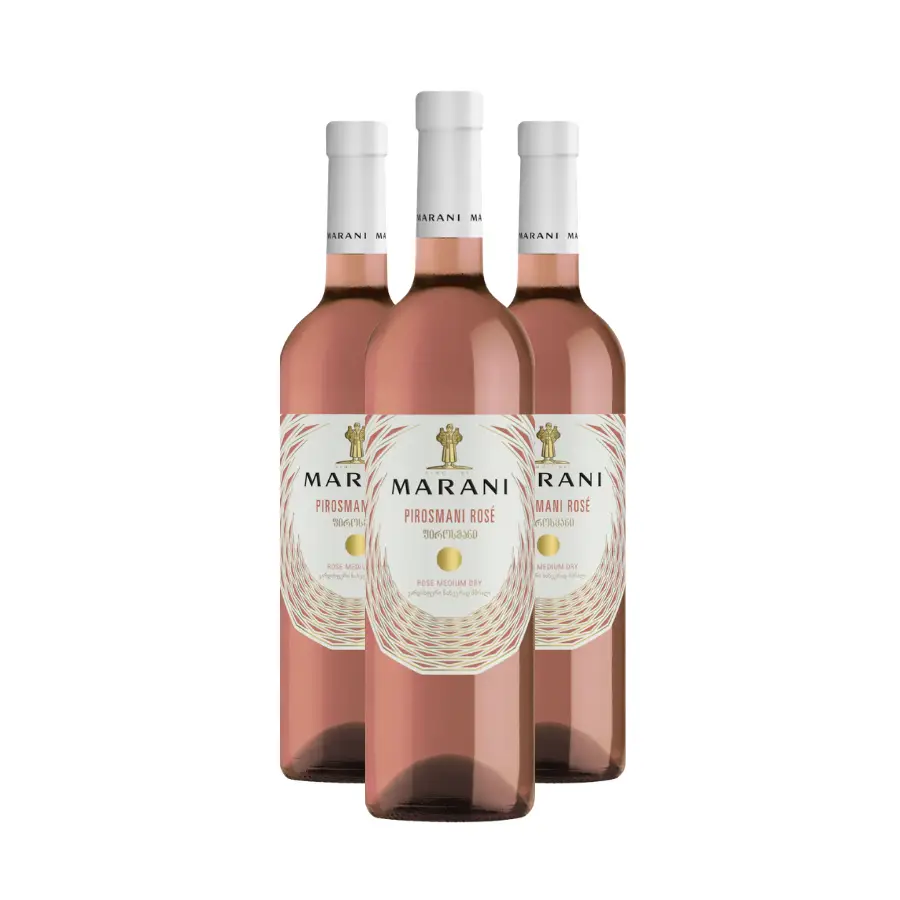3x Marani ROSE PIROSMANI semidry wine Three bottles of Pirosmani Rose — the ideal format for a first introduction to this vibrant semi-dry rosé made from 100% Saperavi. A juicy fruity flavour with playful acidity for hot summer days. 3x Marani ROSE PIROSMANI semidry wine
