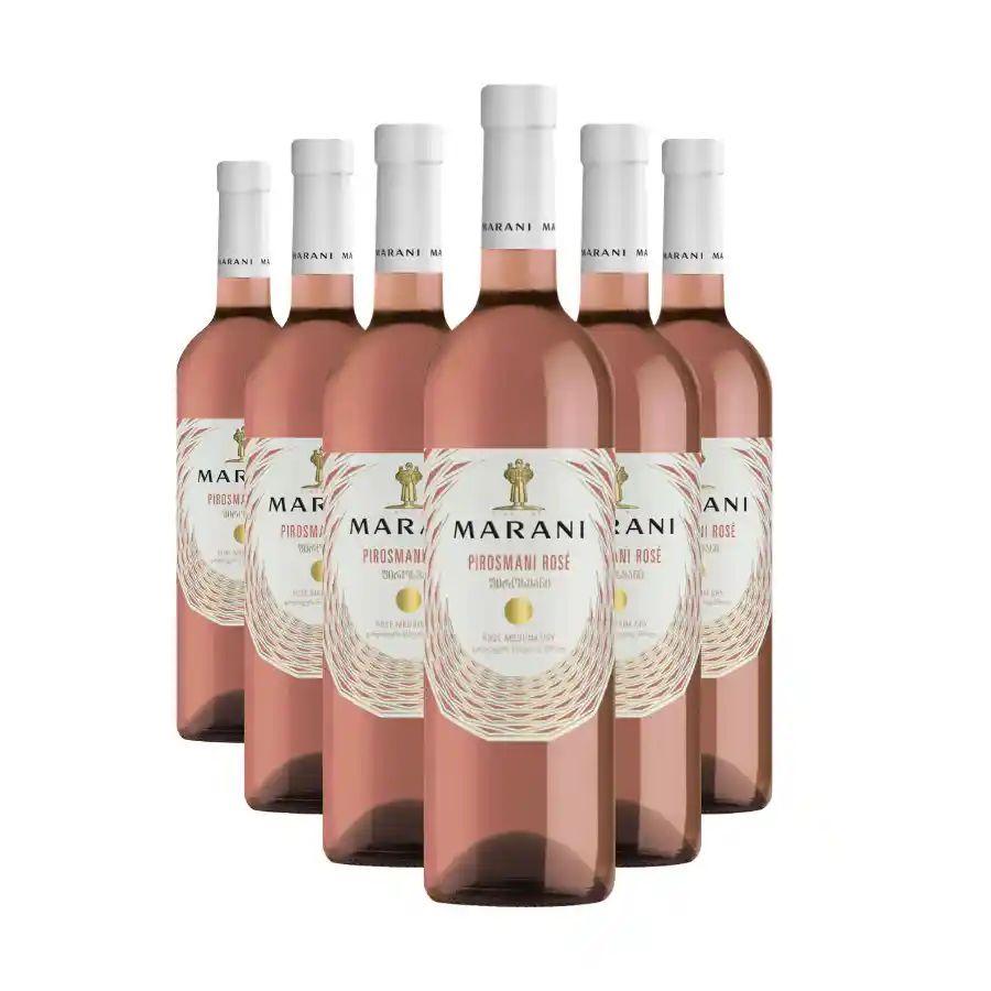6x Marani ROSE PIROSMANI semidry wine Six bottles of Pirosmani Rose semi-dry rosé wine made from 100% Saperavi grapes from the Alazani river valley. An intense aroma of fresh strawberries, raspberries, and pomegranate. A vibrant, incredibly drinkable wine that captures the joy of Georgian summer. 6x Marani ROSE PIROSMANI semidry wine