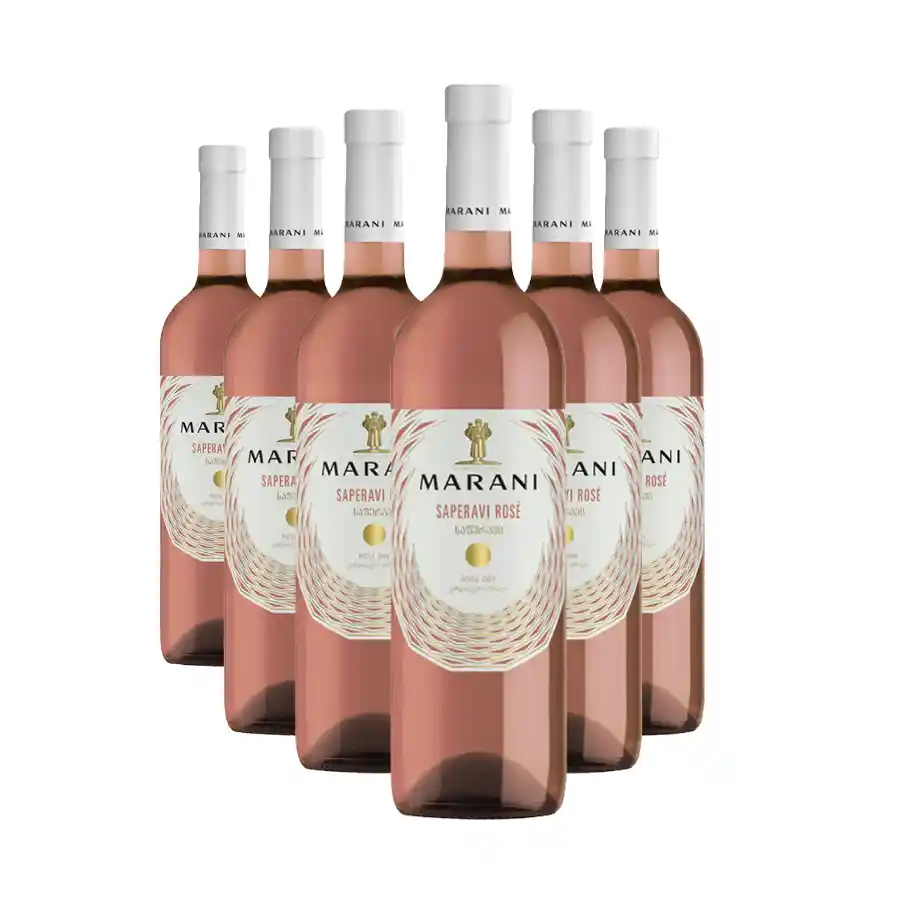 6x Marani ROSE SAPERAVI suché víno Šest lahví suchého růžového vína Rose Saperavi ze 100% odrůdy Saperavi, pocházejícího z vybraných vinic v údolí řeky Alazani v Kachetii. Šťavnaté tóny granátového jablka a dřišťálu, hedvábně zaoblený střed chuti a živá kyselinka. Zásoba pro milovníky suchých rosé bez zbytečného cukru. 6x Marani ROSE SAPERAVI suché víno