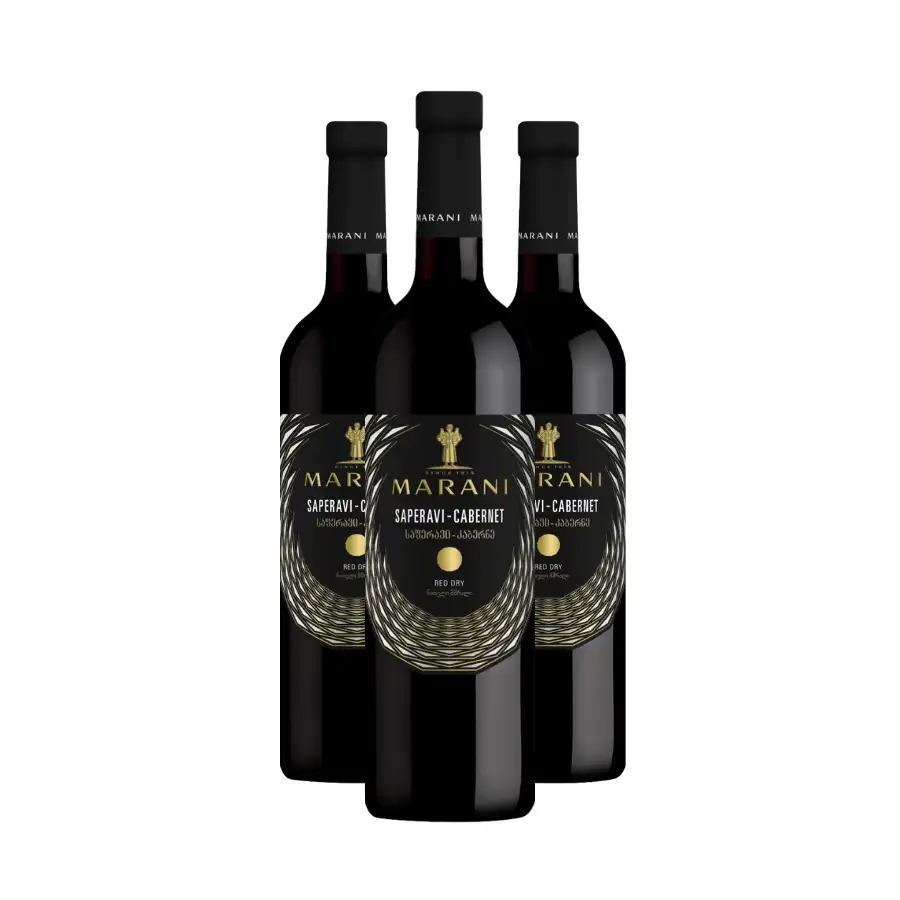 3x Marani SAPERAVI CABERNET dry red wine Three bottles of Saperavi Cabernet – a bold blend of Georgian and Bordeaux varieties from the Alazani valley in a smaller format for a first introduction to its complex character. 3x Marani SAPERAVI CABERNET dry red wine