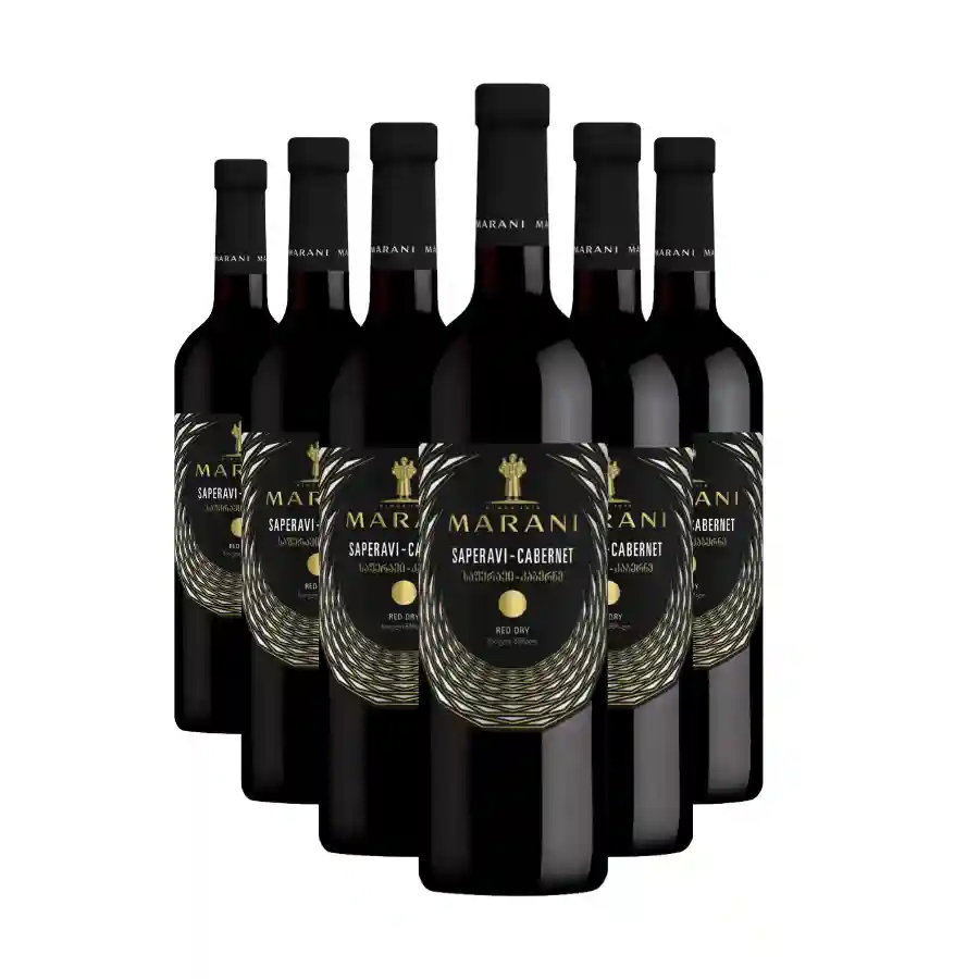 6x Marani SAPERAVI CABERNET dry red wine Six bottles of dry red wine Saperavi Cabernet, a blend of 50% Saperavi and 50% Cabernet Sauvignon from the Alazani river valley in Kakheti. Nine to twelve months of oak ageing gives the wine a velvety structure and notes of dark chocolate. 6x Marani SAPERAVI CABERNET dry red wine