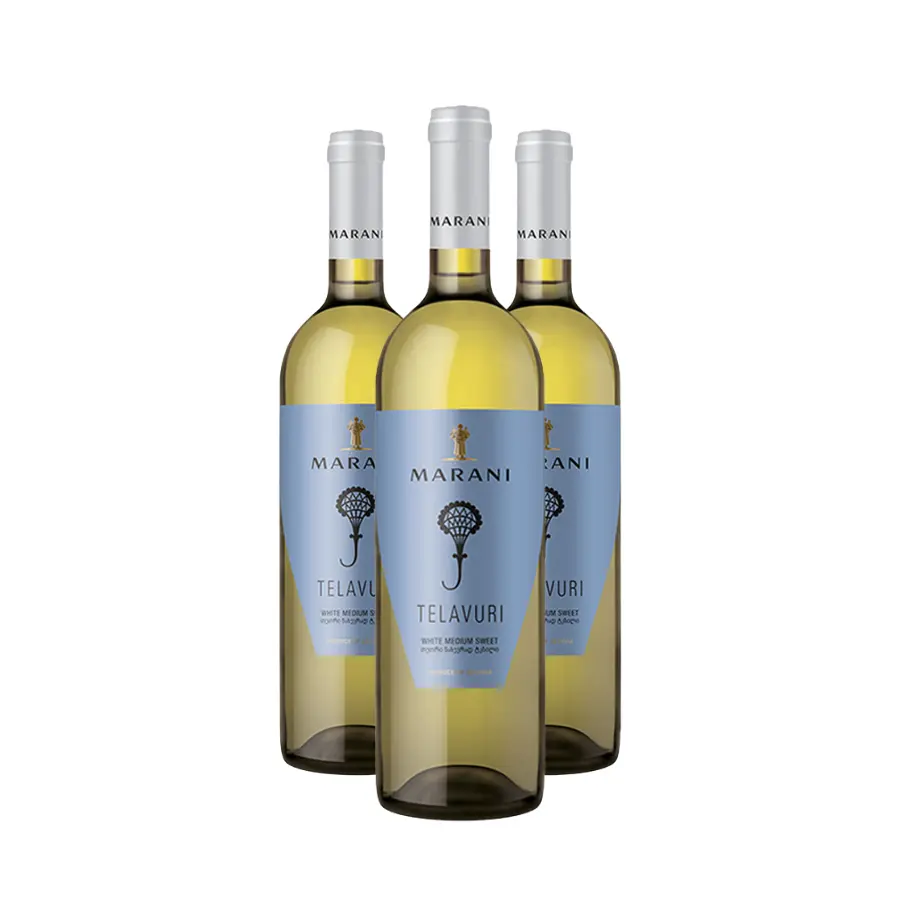 3x Marani TELAVURI white semi-sweet wine Three bottles of friendly Telavuri white — the ideal format for getting to know the gentle, harmonious style from the Alazani Valley. A light straw colour, fresh notes of pears and quince with elegantly balanced sweetness and a clean fruity finish. 3x Marani TELAVURI white semi-sweet wine