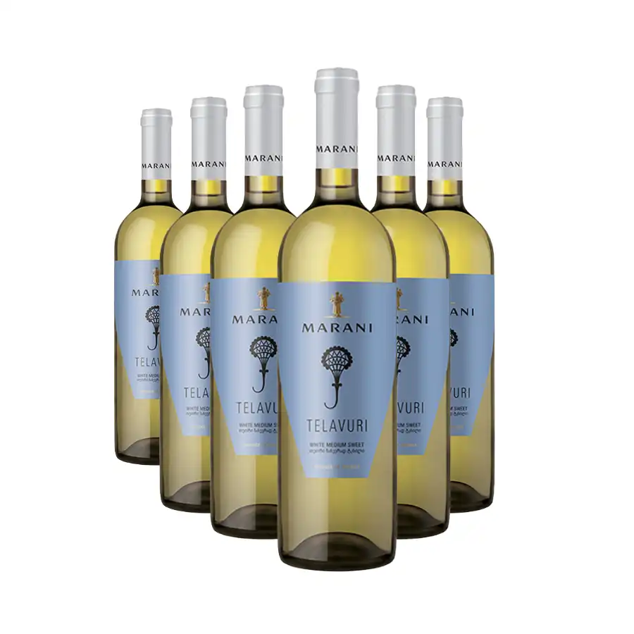 6x Marani TELAVURI white semi-sweet wine Six bottles of Telavuri semi-sweet white wine from Marani — a gentle, friendly, harmonious wine named after the historic town of Telavi, the heart of Kakheti, Georgia's most important wine region. A light straw colour with delicate greenish hues, a fresh, rich bouquet of ripe pears and quince with a hint of yellow melon, a velvety-soft, rounded palate with elegantly balanced sweetness. 6x Marani TELAVURI white semi-sweet wine