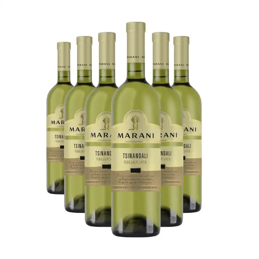 6x Marani TSINANDALI white dry wine Six bottles of dry white wine Tsinandali from the micro-zone of the same name, a blend of Rkatsiteli and Mtsvane grapes. Part of the wine ages in oak, giving it a subtle vanilla note and a full, structured flavour. 6x Marani TSINANDALI white dry wine