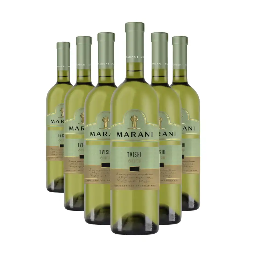 6x Marani TVISHI - white semi-sweet wine Six bottles of semi-sweet white wine Tvishi made from 100% Tsolikouri grapes with a protected designation of origin. A straw-yellow colour with green hues, a flavour of banana, quince, nectarine, and peach in perfect balance with natural sweetness. 6x Marani TVISHI - white semi-sweet wine