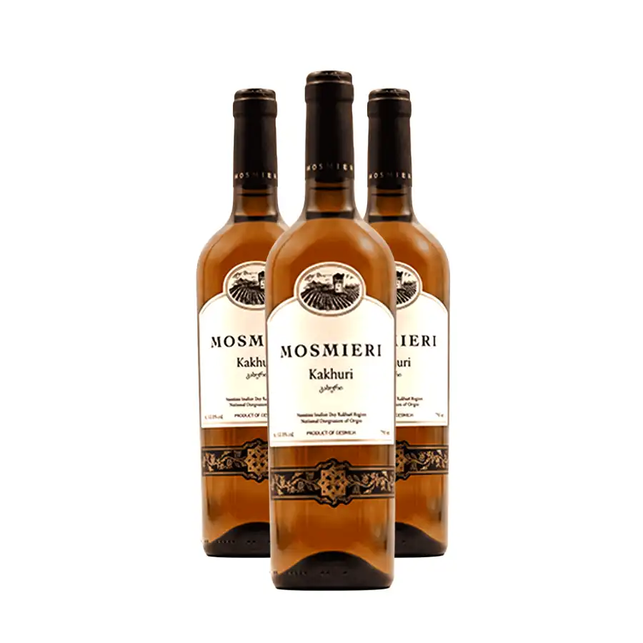 3x Mosmieri KAKHURI QVEVRI AMBER white dry Three bottles of Kakhuri Kvevri — the ideal format for a first introduction to the Kakhetian tradition of the Mosmieri winery. A symphony of flavours reflecting Georgia's rich landscape in a smaller format. 3x Mosmieri KAKHURI QVEVRI AMBER white dry