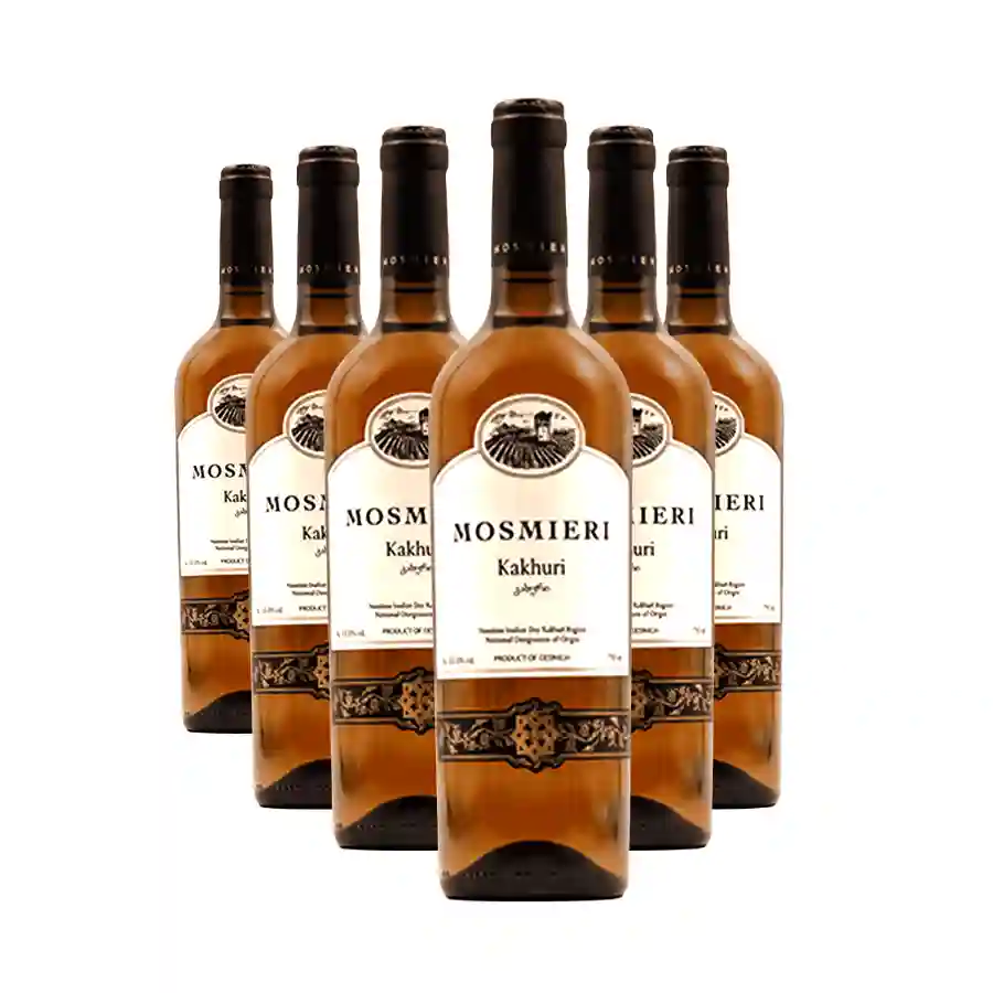 6x Mosmieri KAKHURI QVEVRI AMBER white dry Six bottles of Kakhuri Kvevri white dry wine from the Mosmieri winery, made using the traditional Kakhetian method of ageing in clay qvevri. Notes of fresh fruit, subtle floral undertones, and a hint of minerality create an unforgettable sensory journey. 6x Mosmieri KAKHURI QVEVRI AMBER white dry