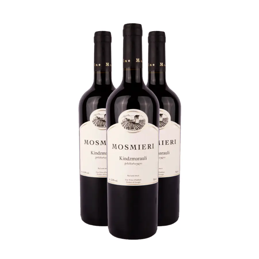 3x Mosmieri KINDZMARAULI red semi-sweet wine Three bottles of Kindzmarauli Premium from Mosmieri — the ideal format for getting to know the classic Georgian semi-sweet style. A velvety flavour with notes of black cherry, plum, and light bitter chocolate, rounded out by an aroma of blackcurrant and spice. 3x Mosmieri KINDZMARAULI red semi-sweet wine