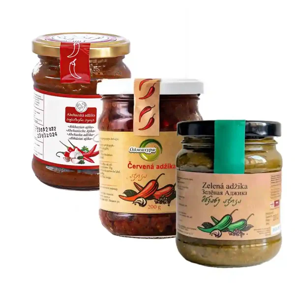 Degustační set 3 gruzínských adžik (červená, zelená, abchazská). Tři adžiky gruzínské - abchazská, červená a zelená