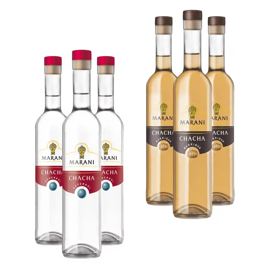 Mix set – 3× Marani CHACHA Saperavi + 3× Marani CHACHA oak barrel-aged Six bottles of Georgian chacha in two styles from the same distillery – three bottles of Marani CHACHA Saperavi, a classic clear chacha made from 100% Saperavi grapes, and three bottles of Marani CHACHA aged in an oak barrel. Mix set – 3× Marani CHACHA Saperavi + 3× Marani CHACHA oak barrel-aged