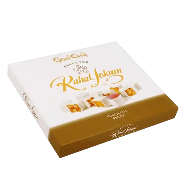 Gruzínský tradiční sladký produkt rahat lokum v elegantní bílo-zlaté krabičce z Gruzie