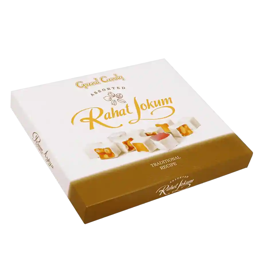 Rahat-Lokum Mix - 800 g. If you love our Georgian and Caucasian sweets and don't want to commit to just one flavour, Rahat-Lokum Mix from the Armenian brand Joyco is exactly what you need. The large 800 g pack offers a colourful assortment of different types and colours of traditional lokum – ideal for sharing with a bigger group or as a more generous gift. Gruzínský tradiční sladký produkt rahat lokum v elegantní bílo-zlaté krabičce z Gruzie