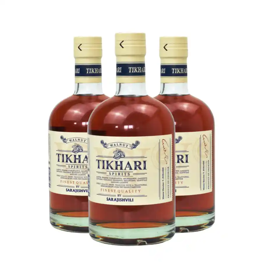 3x Sarajishvili TIKHARI – ořechová brandy Tři lahve Sarajishvili TIKHARI, 0,5 l – výjimečné ořechové brandy, která chutná jako zralý koňak s jemným nádechem vlašských ořechů. 3x Sarajishvili TIKHARI – ořechová brandy