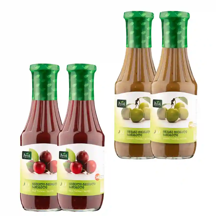 Nena Tkemali 540 ml – mix set of 2× red and 2× green Four bottles of Nena Tkemali 540 ml in the ideal combination – two red and two green. The best way to always have both classic Georgian tkemali on hand. Nena Tkemali 540 ml – mix set of 2× red and 2× green
