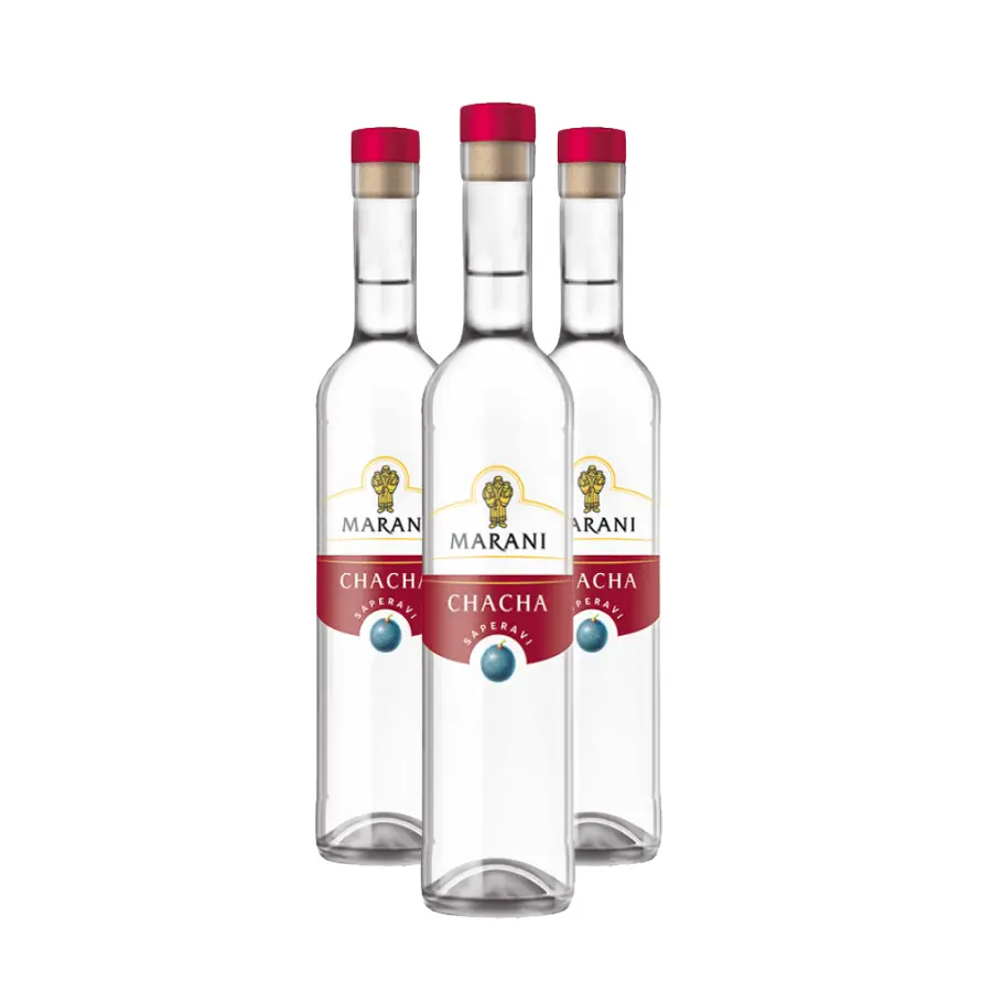 3x Georgian CHACHA Saperavi - 40% Three bottles of Marani CHACHA Saperavi, 0.5 l – a classic silver chacha made from 100% Saperavi grapes from Kakheti. 3x Georgian CHACHA Saperavi - 40%