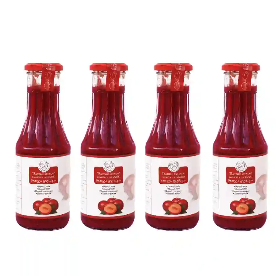4x Tkemali červené - 370 ml. Sada čtyř stejných lahví Tkemali červeného – tradiční gruzínské omáčky z divokých červených švestek/mirabelek se sladkokyselou chutí. 4x Tkemali červené - 370 ml.