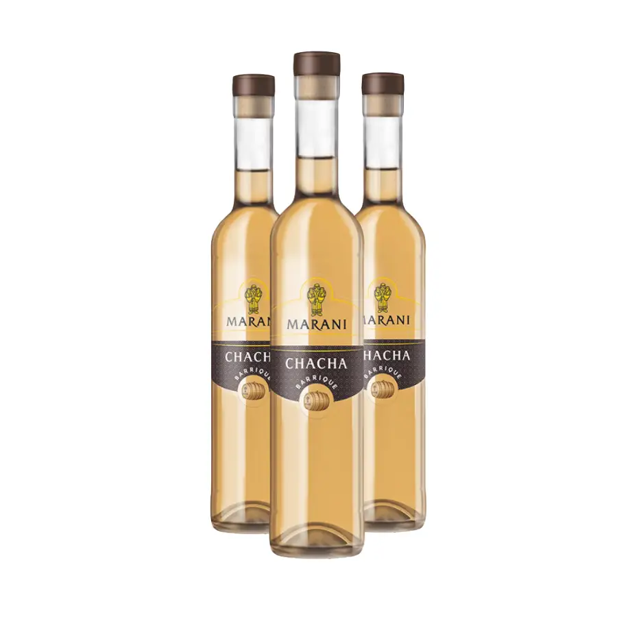 3x Georgian Oak barrel CHACHA - 40% Three bottles of Marani CHACHA oak barrel-aged, 0.5 l – a grape spirit aged for 6 months in oak. 3x Georgian Oak barrel CHACHA - 40%