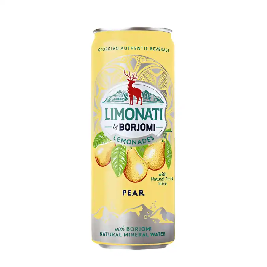 Borjomi Limonáda Hruška - 330 ml Hrušková příchuť je jednou z nejoblíbenějších v celé gruzínské limonádové tradici, a to platí i pro řadu Limonati od značky Borjomi, kterou znáte hlavně jako vyhlášenou gruzínskou minerálku. Tahle plechovka kombinuje přirozeně perlivou vodu z borjomského pramene se šťávou z hrušek a citronu, a vzniká tak lehký, ovocně vyvážený nápoj. Borjomi Limonáda Hruška - 330 ml
