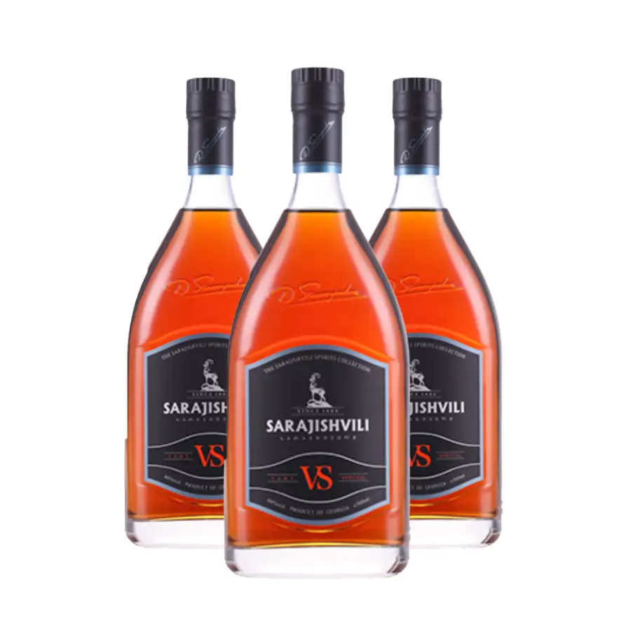 3x Sarajishvili VS Three bottles of Sarajishvili VS, 0.5 l – a fresh, harmonious brandy with a lively character and a bright amber colour. 3x Sarajishvili VS