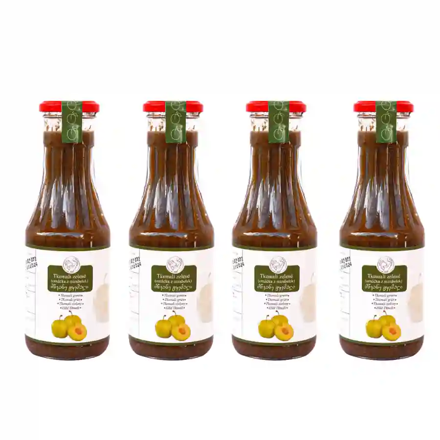4x Tkemali zelené - 370 ml. Sada čtyř stejných lahví Tkemali zeleného – svěží a výrazně kyselé varianty tradiční gruzínské švestkové omáčky. 4x Tkemali zelené - 370 ml.