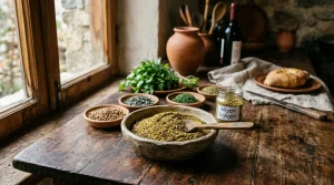 A wooden bowl filled with aromatic khmeli suneli spice blend on a rustic table alongside fresh herbs.