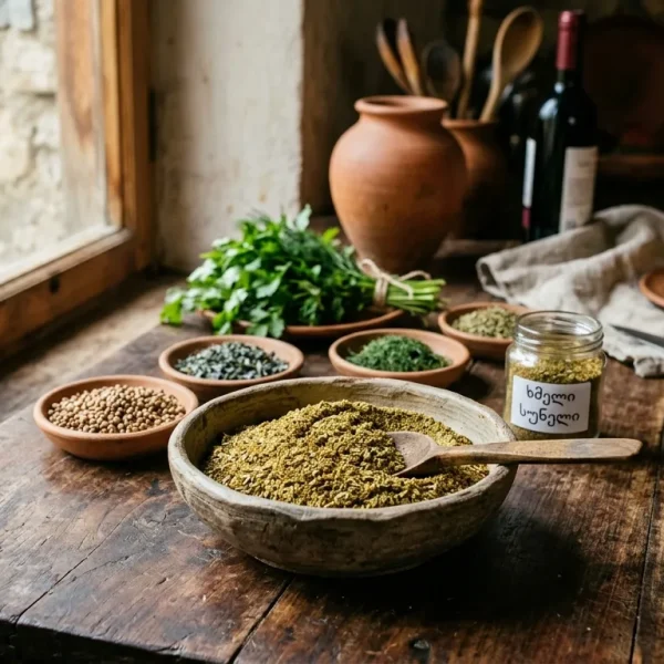 A wooden bowl filled with aromatic khmeli suneli spice blend on a rustic table alongside fresh herbs.
